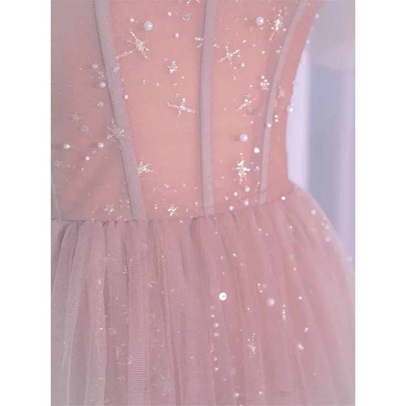 Pink Tulle Fairy Long Prom Dress Shiny Sweet Evening Gown 581