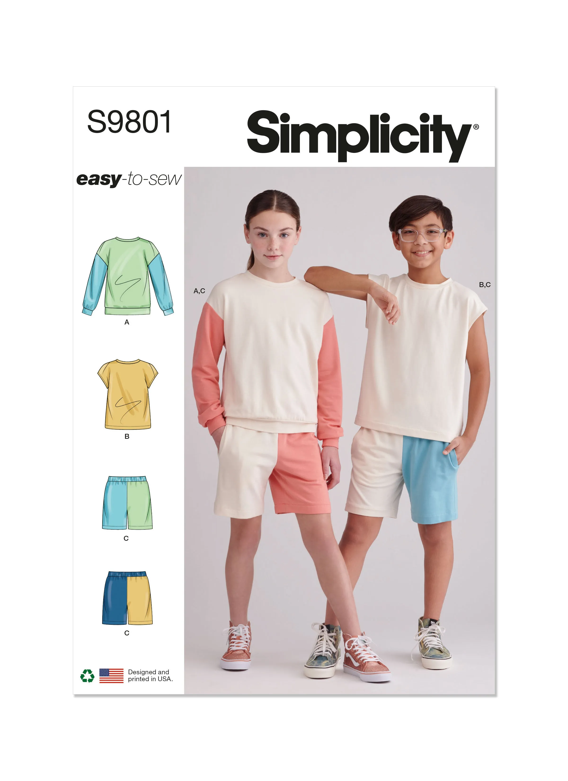 Simplicity sewing pattern 9801 Girls' and Boys' Sweatshirts and Shorts