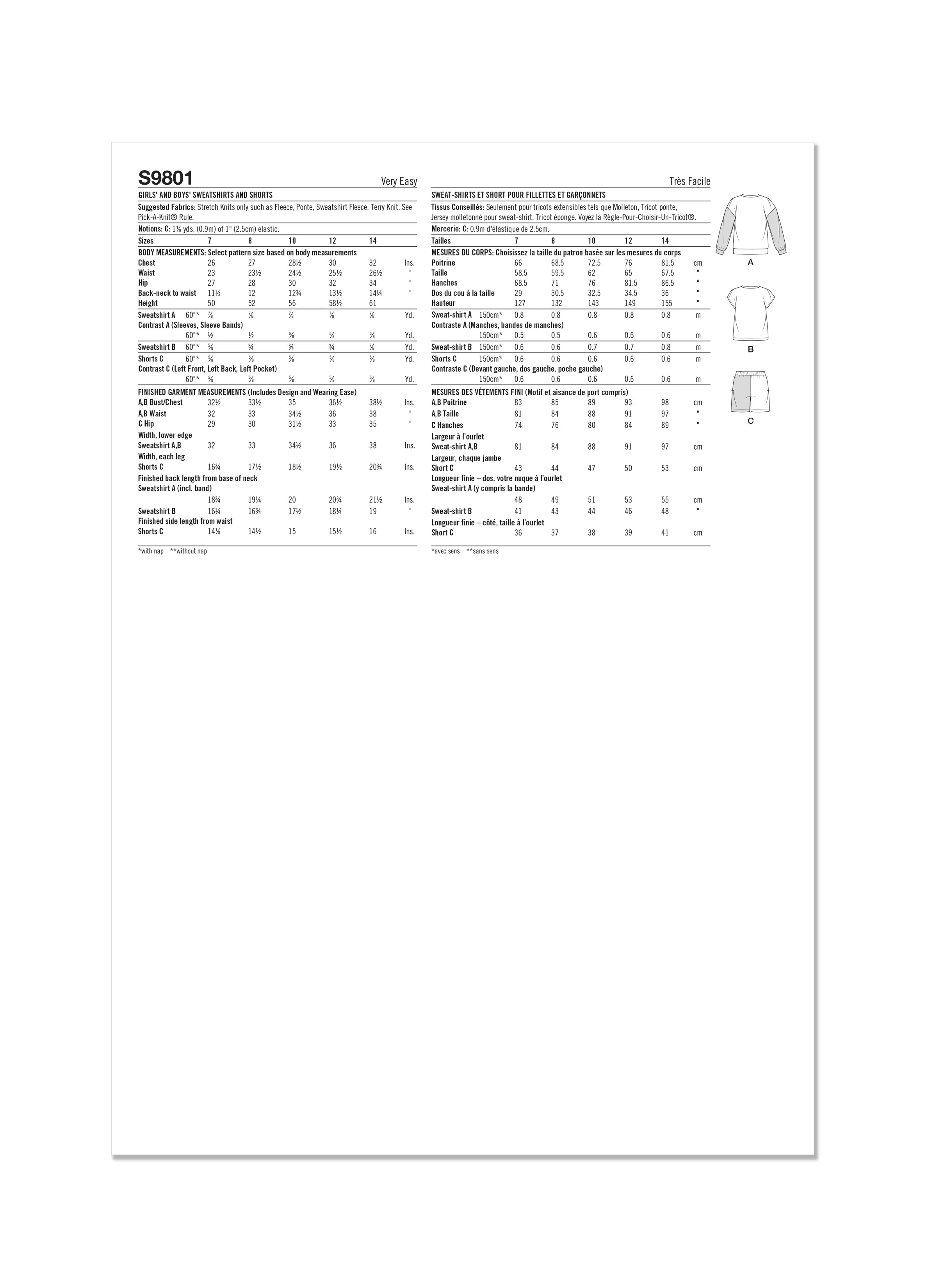 Simplicity sewing pattern 9801 Girls' and Boys' Sweatshirts and Shorts