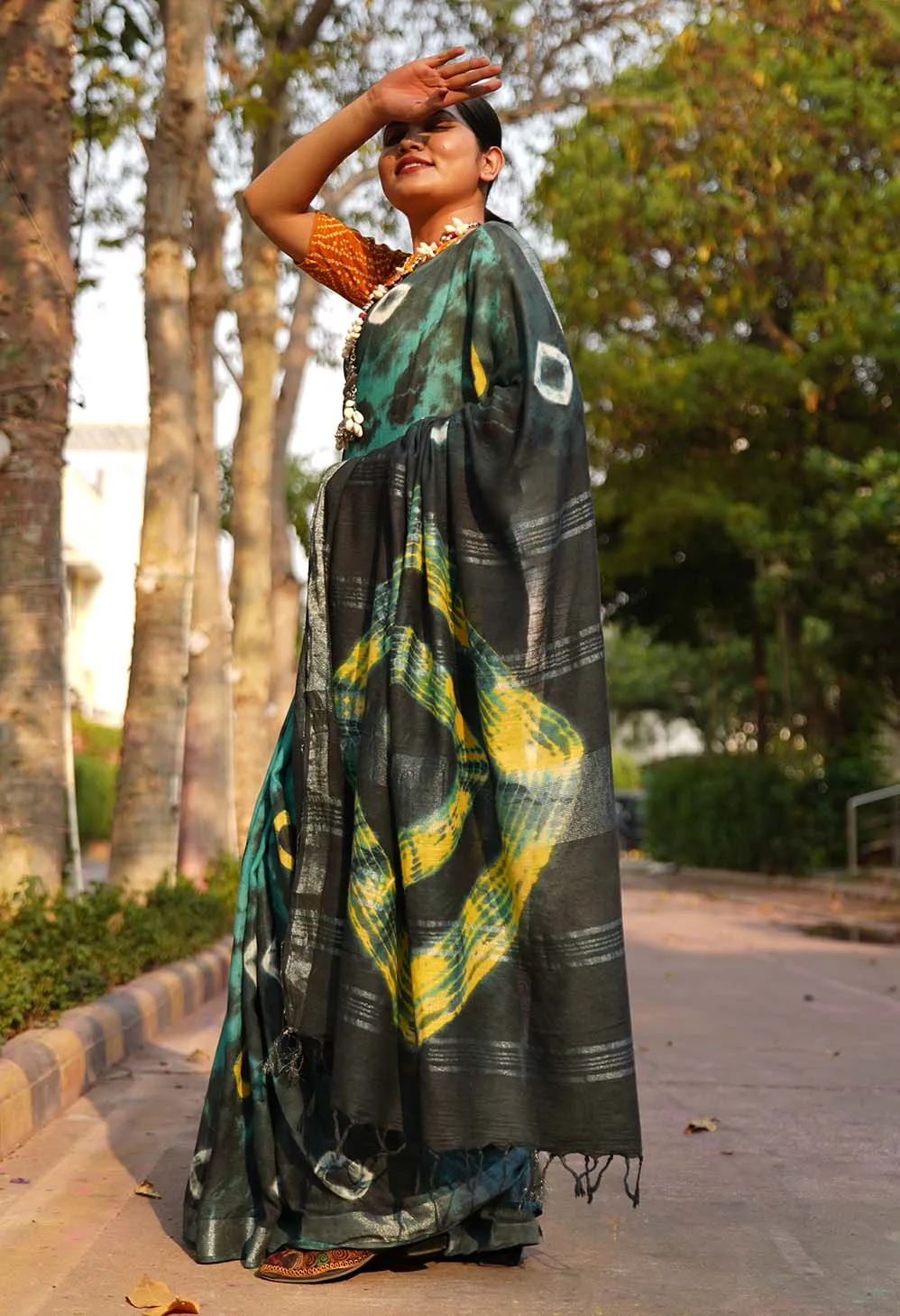 Soft on Skin Ready made Sea Blue Tie & Die saree With Tassel on pallu cotton Wrap in 1 minute saree