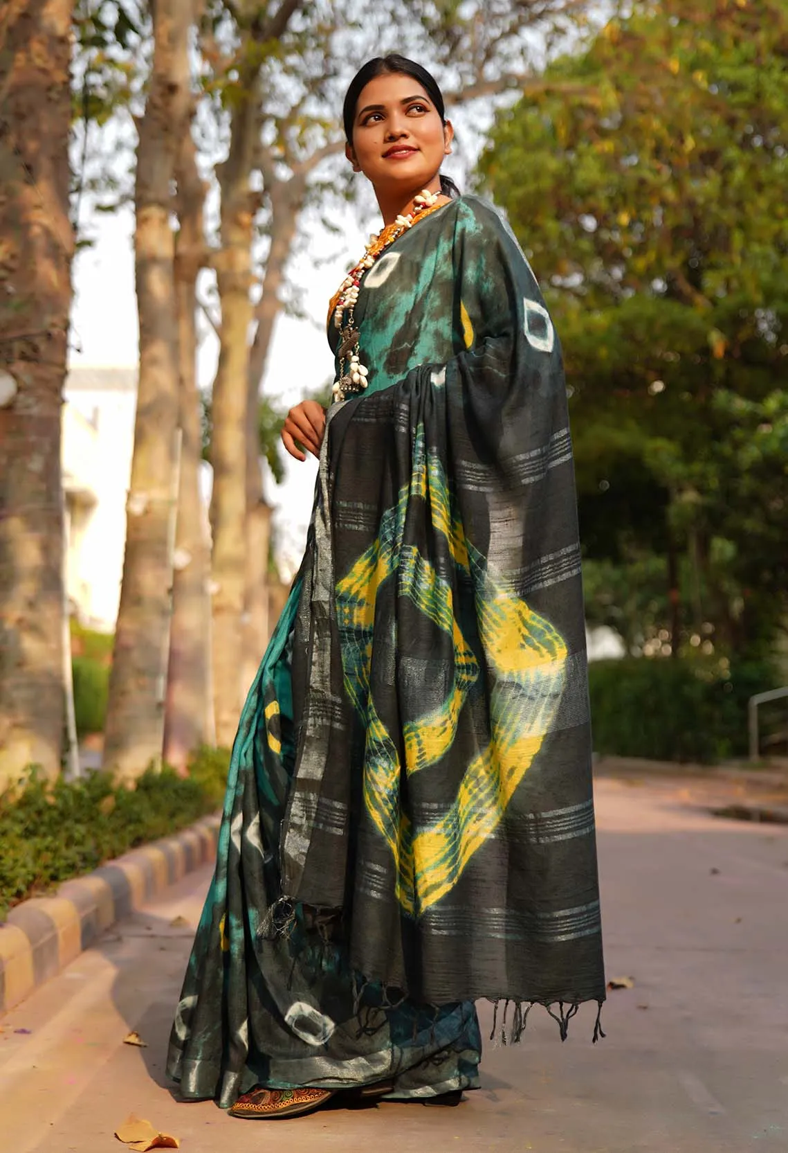 Soft on Skin Ready made Sea Blue Tie & Die saree With Tassel on pallu cotton Wrap in 1 minute saree