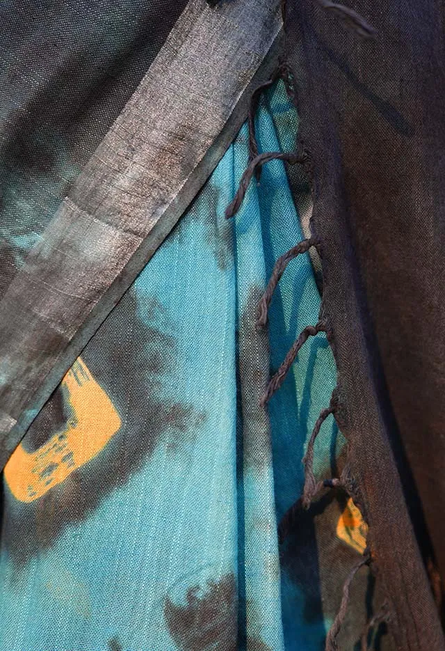 Soft on Skin Ready made Sea Blue Tie & Die saree With Tassel on pallu cotton Wrap in 1 minute saree