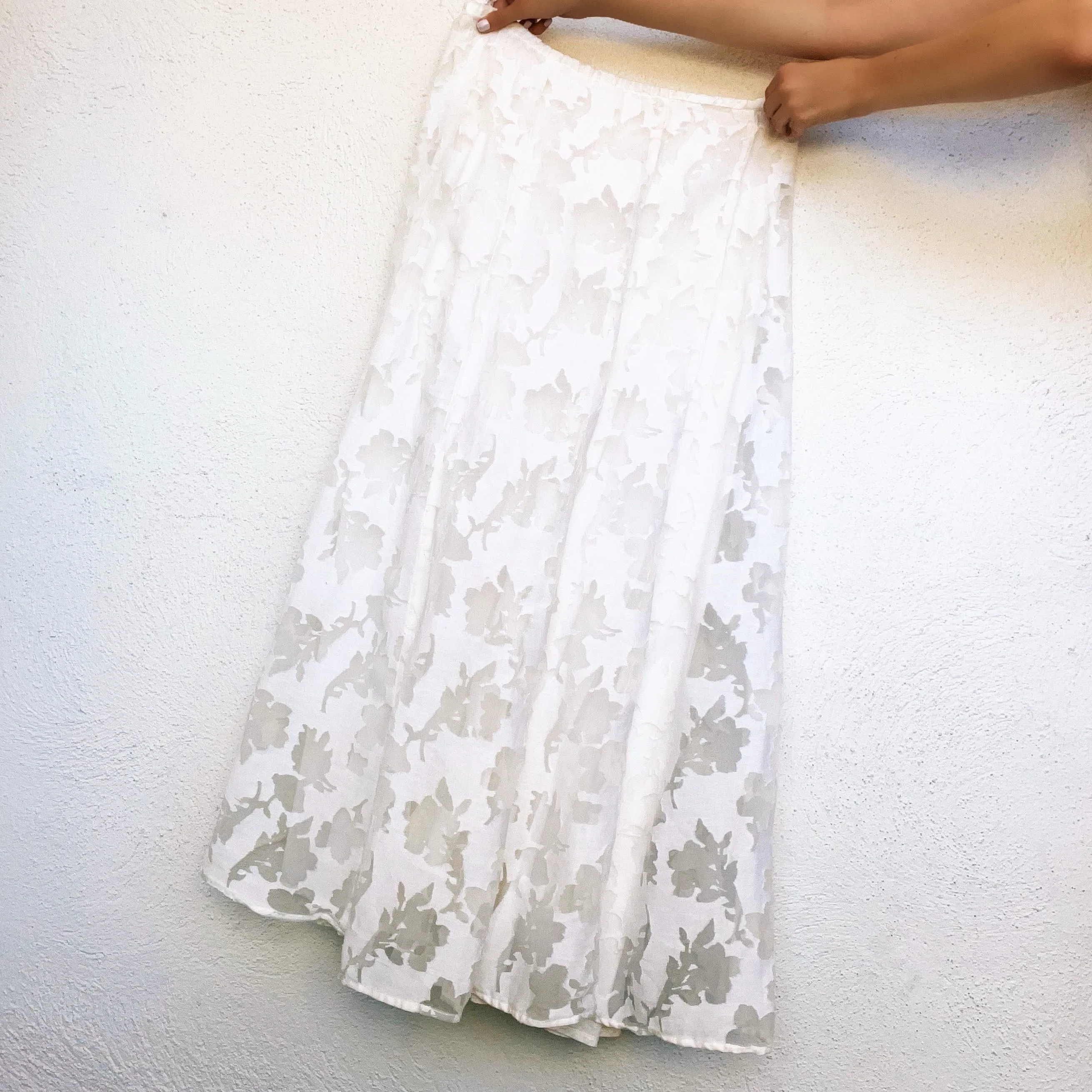 White Floral Linen Maxi Skirt - Small