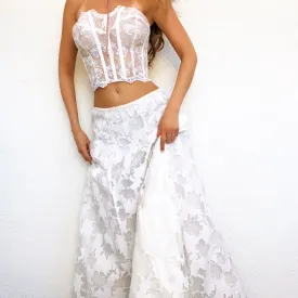 White Floral Linen Maxi Skirt - Small