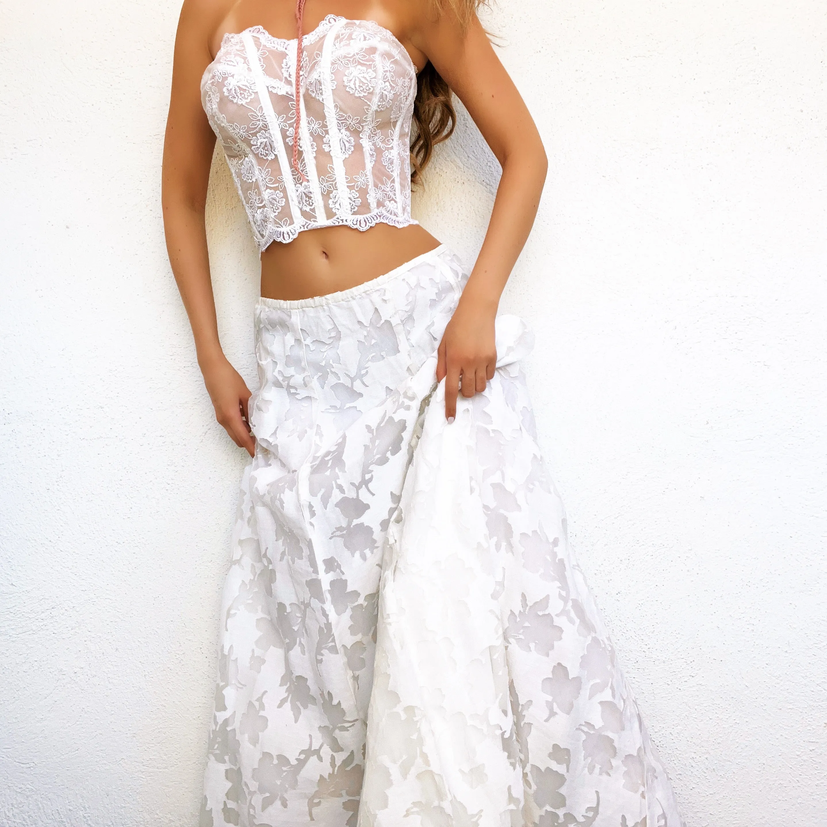 White Floral Linen Maxi Skirt - Small
