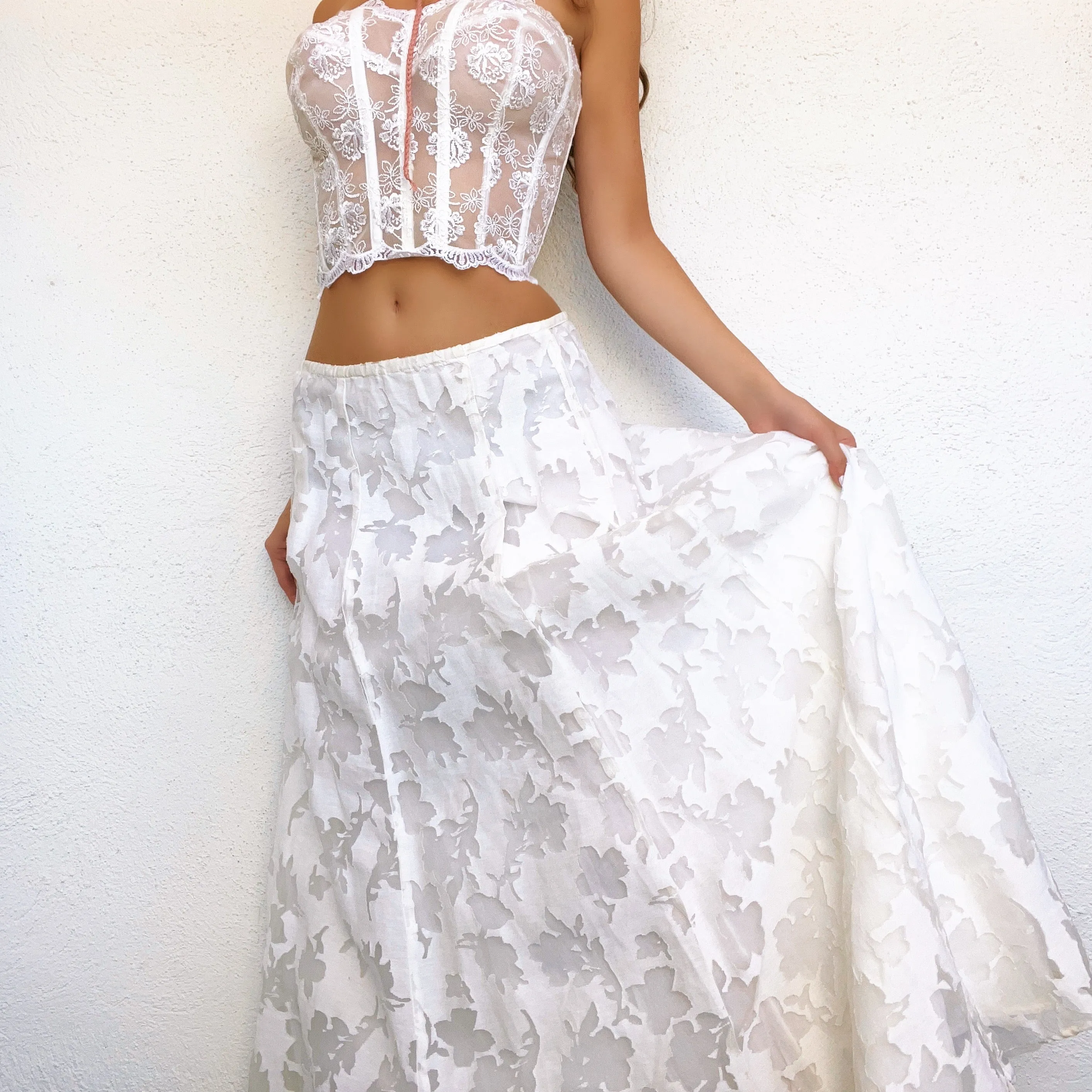 White Floral Linen Maxi Skirt - Small