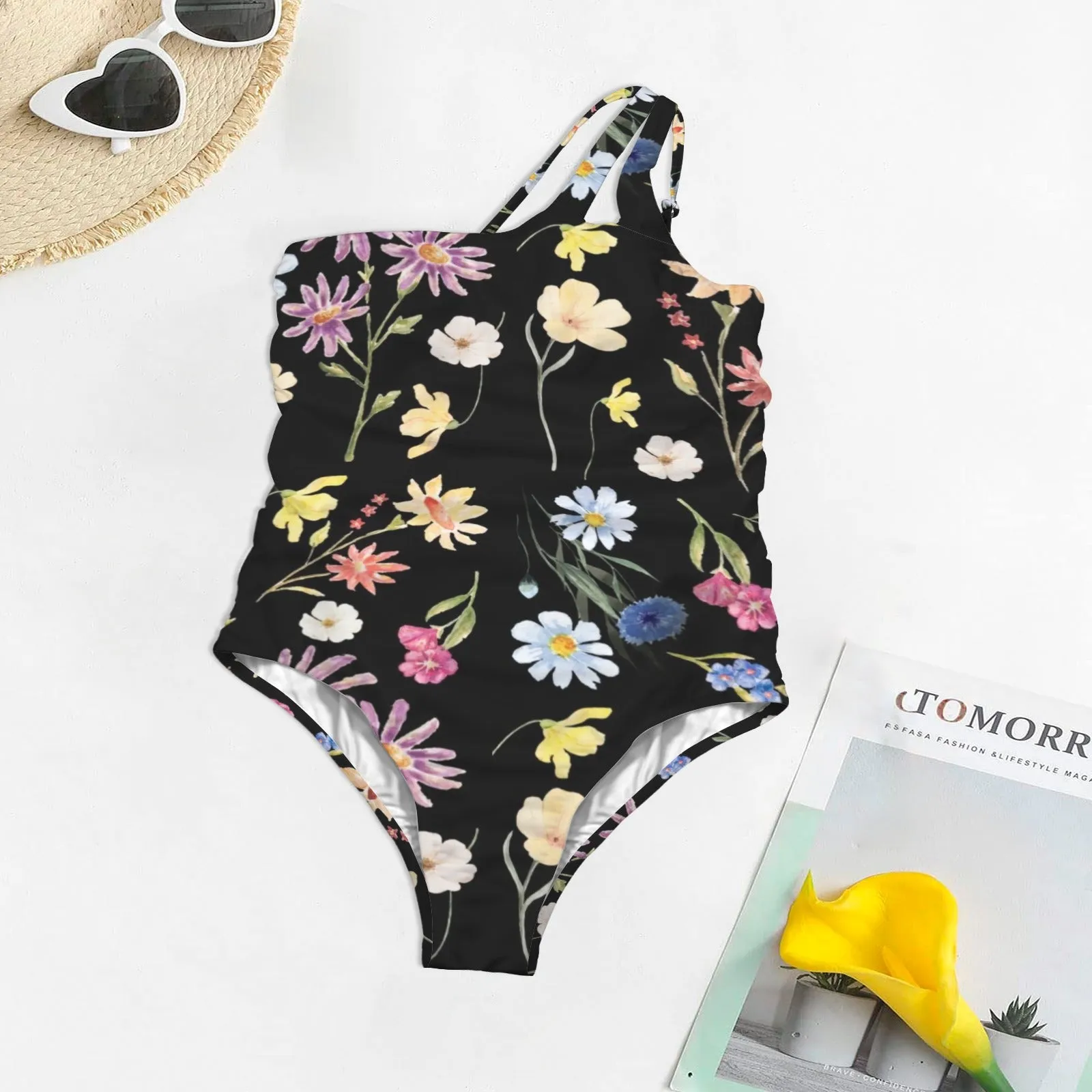 Wildflowers Painted Black Keyhole Bathing Suit up to 5 XL (FWS)