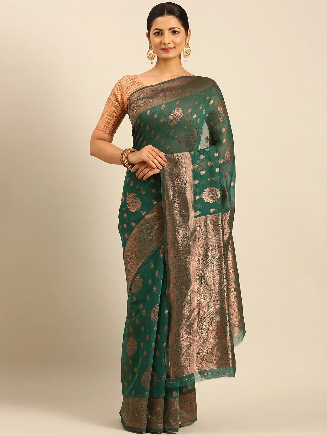 Women Green Cotton Saree With Un Stitched Blouse