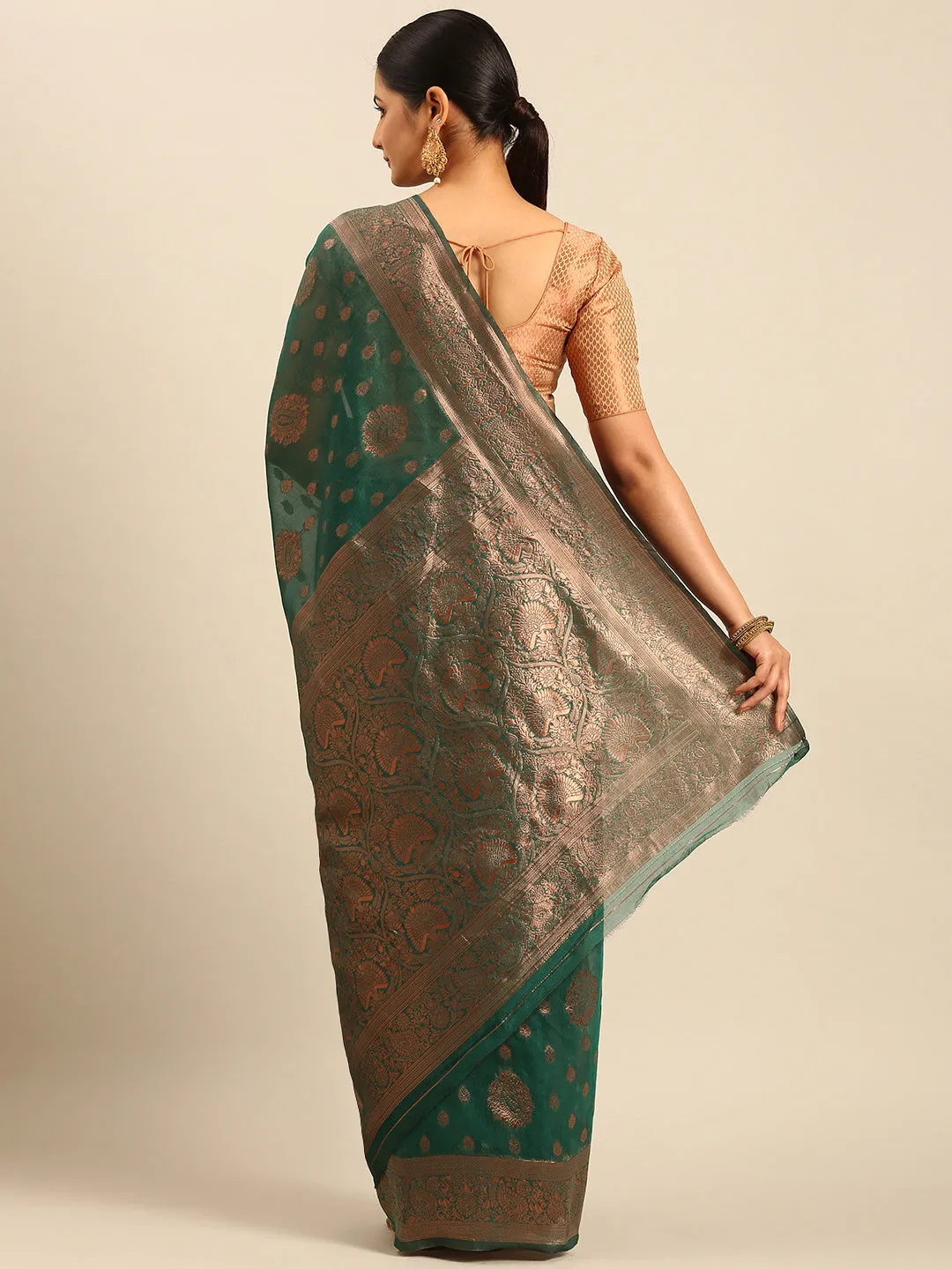Women Green Cotton Saree With Un Stitched Blouse