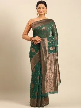 Women Green Cotton Saree With Un Stitched Blouse