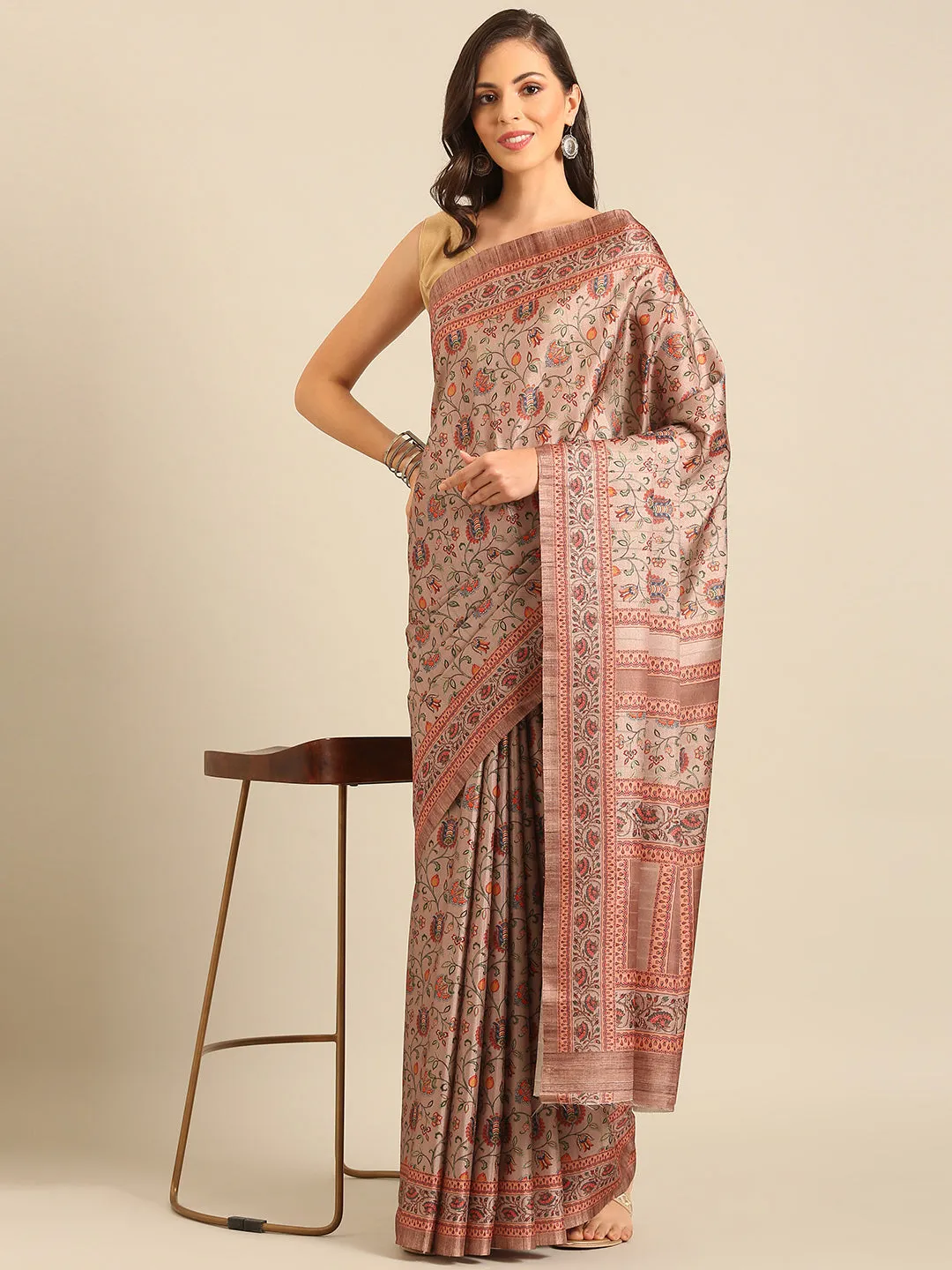 Women Khakhi Cotton Saree With Un Stitched Blouse