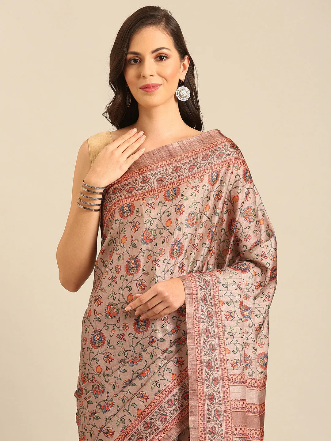 Women Khakhi Cotton Saree With Un Stitched Blouse