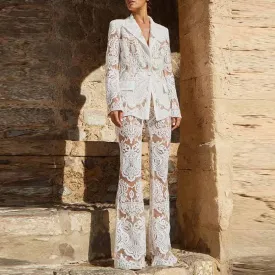 Women Luxury Sequinned Mesh Lace Blazer Jacket   Flare Trousers Pants Suit Wedding Suit