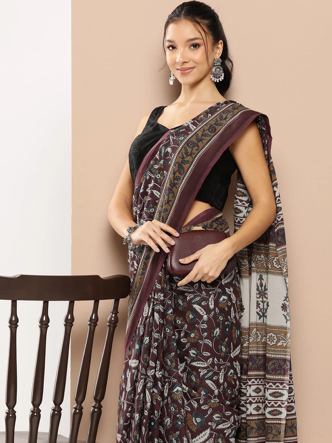 Women Maroon Mulmul Cotton Saree