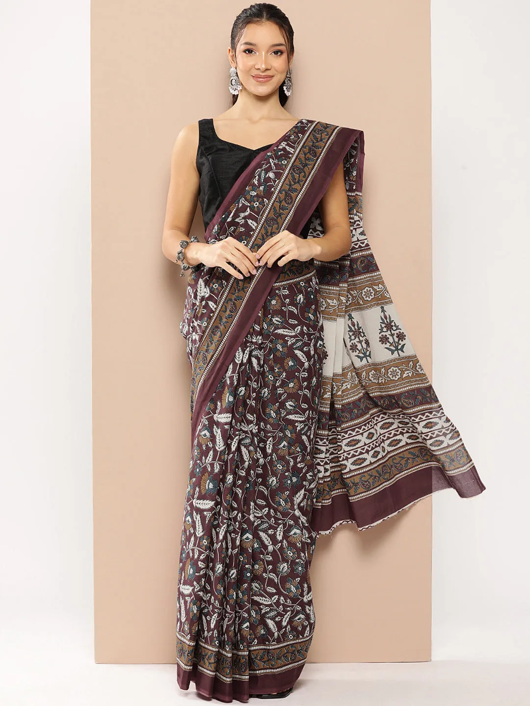 Women Maroon Mulmul Cotton Saree