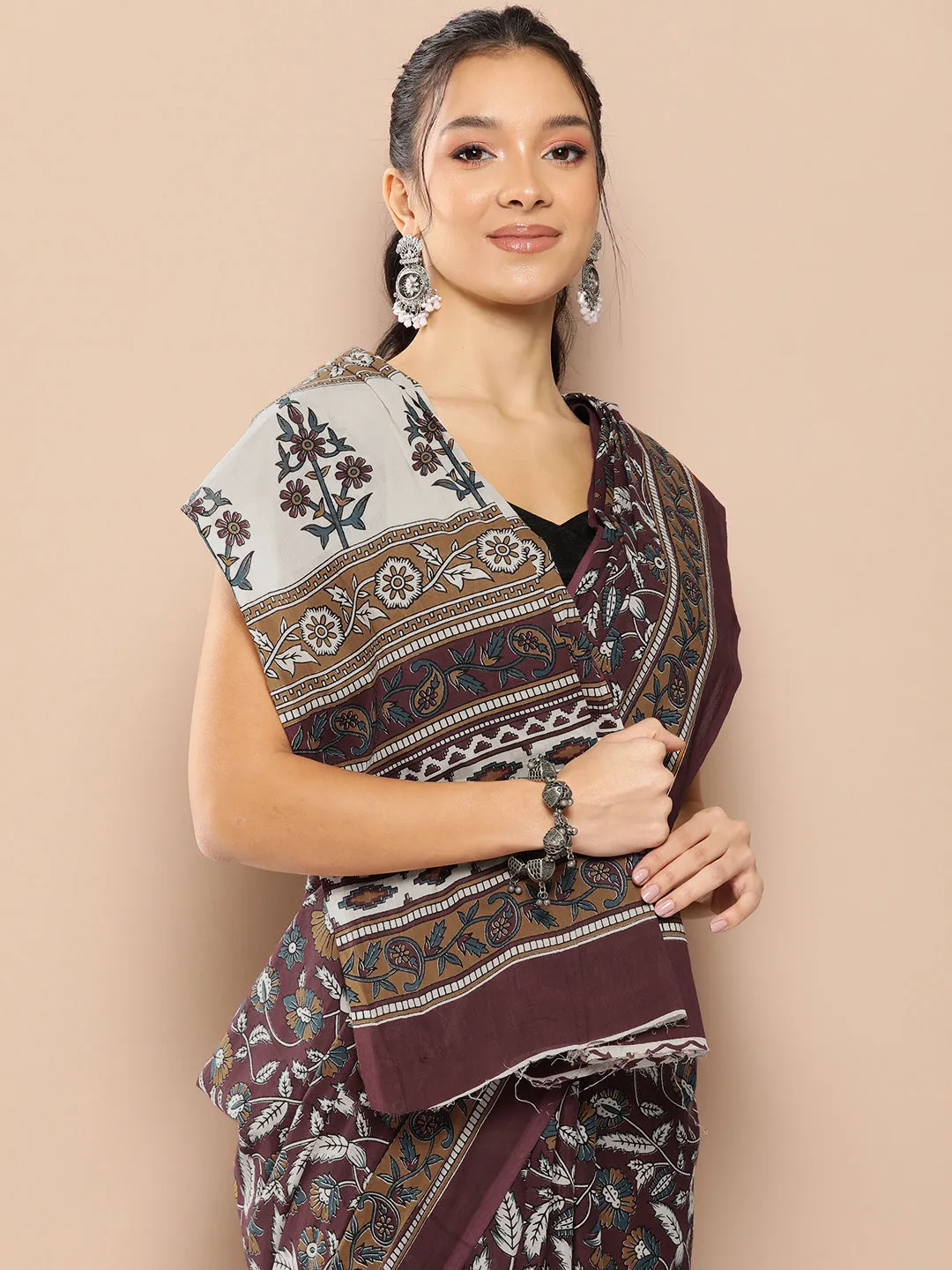 Women Maroon Mulmul Cotton Saree