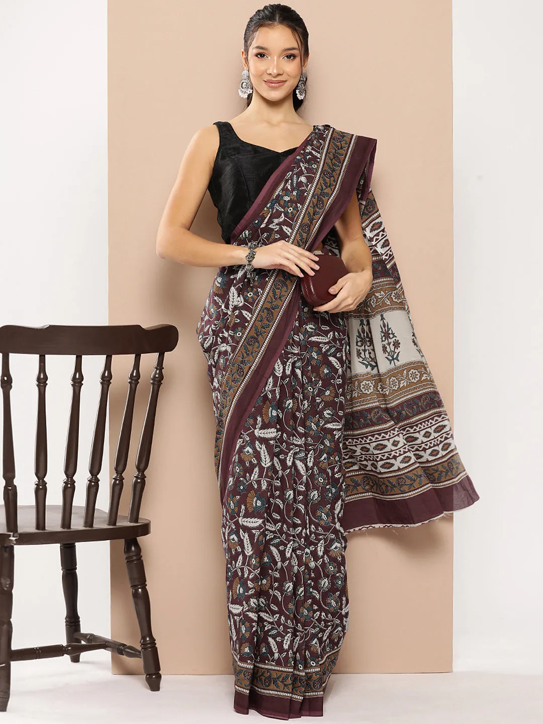 Women Maroon Mulmul Cotton Saree