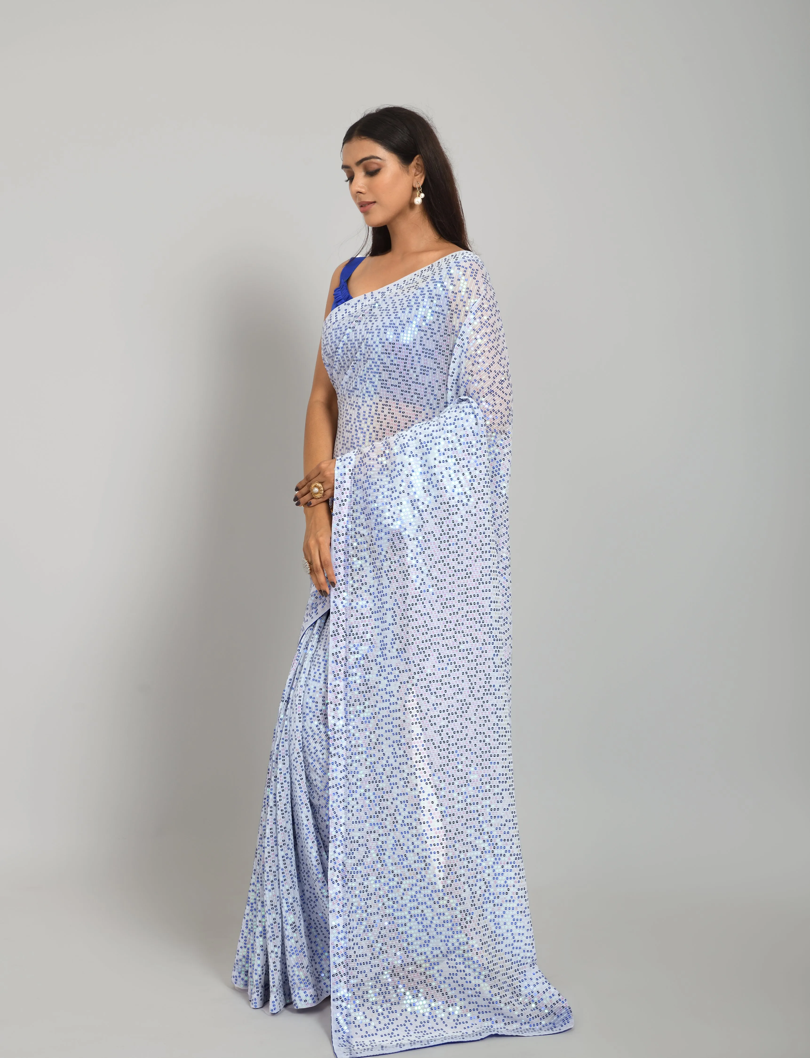 Women Party Wear Designer Blue Colour Georgette Silk Fabric Sequence Embroidery Worked Saree Collection