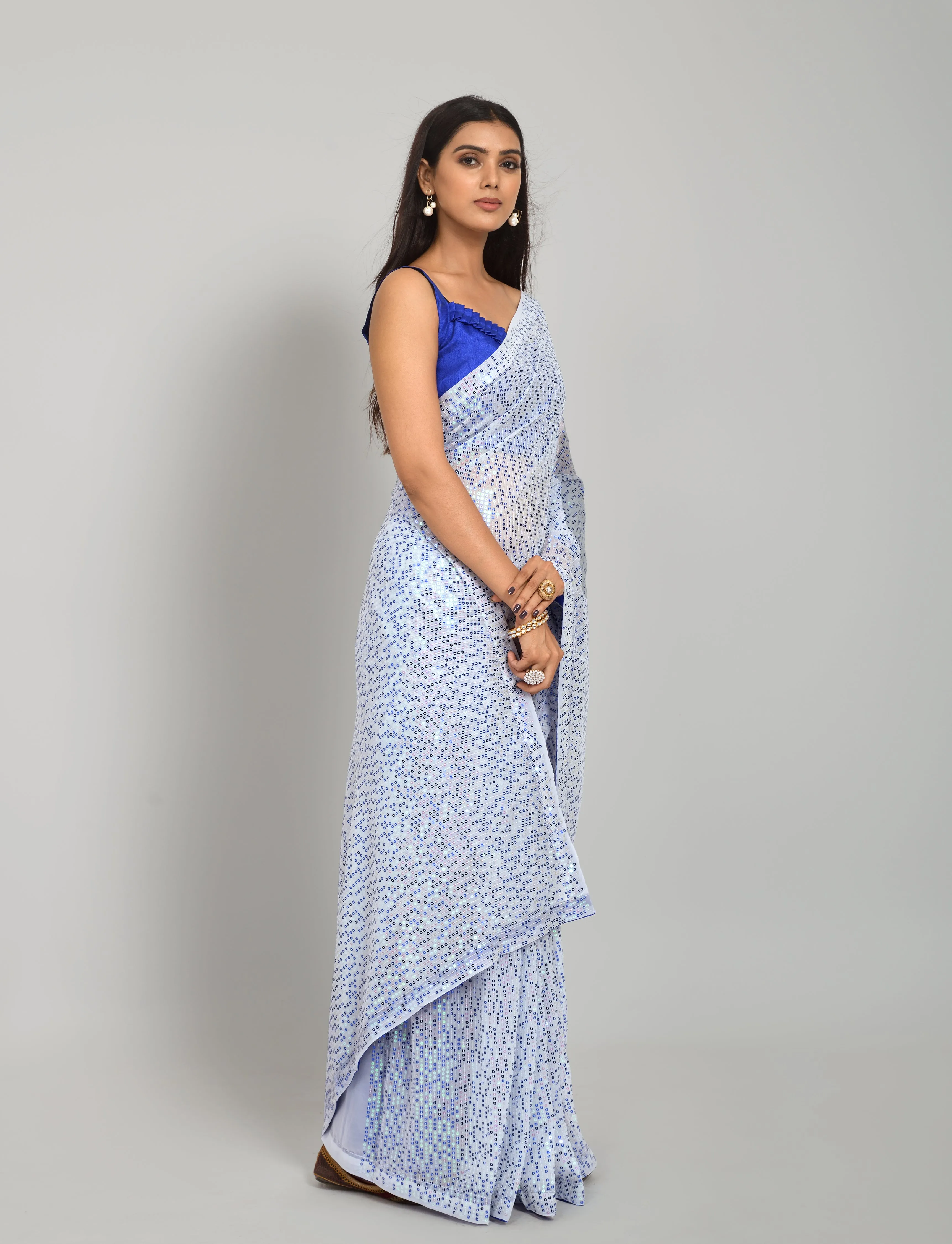 Women Party Wear Designer Blue Colour Georgette Silk Fabric Sequence Embroidery Worked Saree Collection