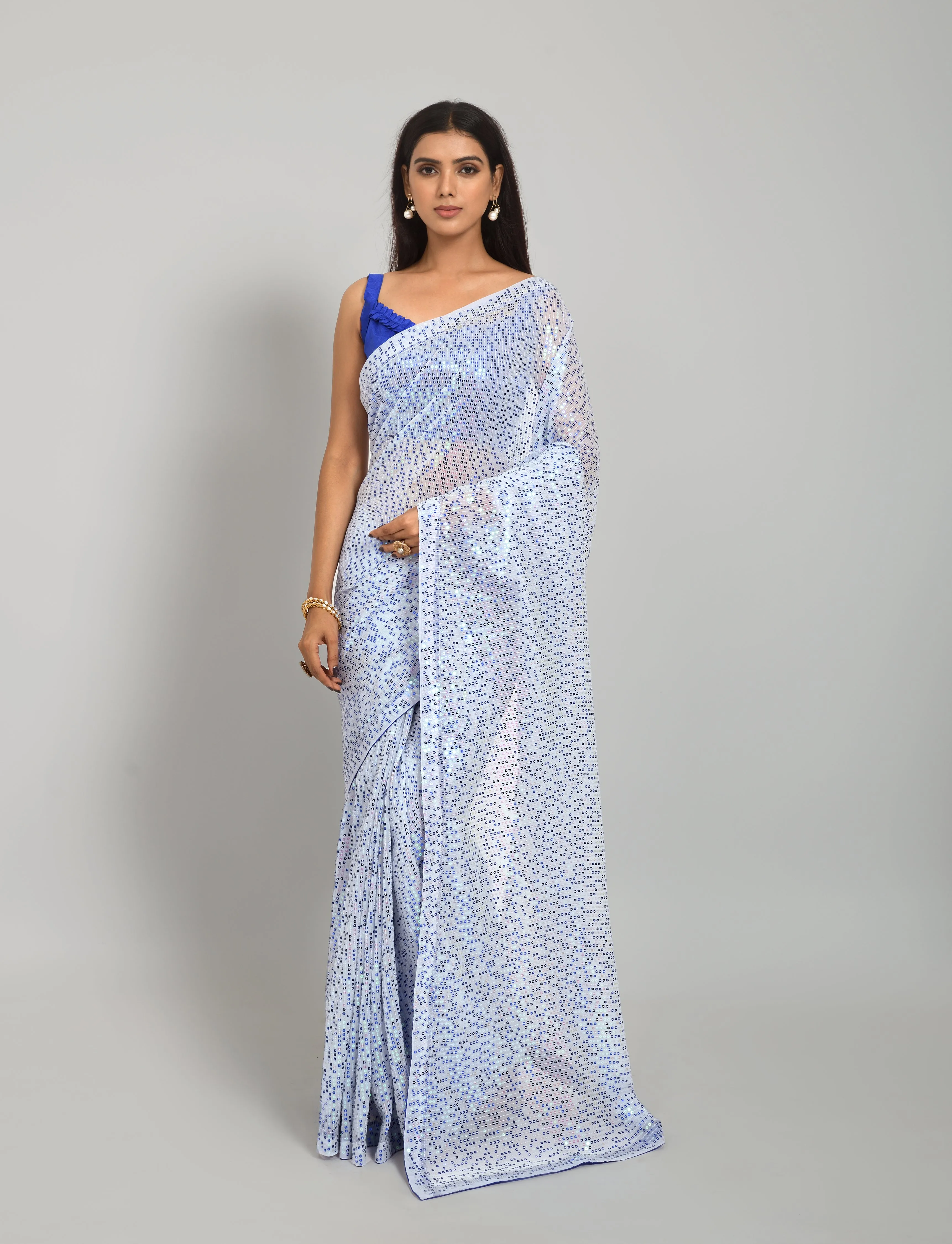 Women Party Wear Designer Blue Colour Georgette Silk Fabric Sequence Embroidery Worked Saree Collection