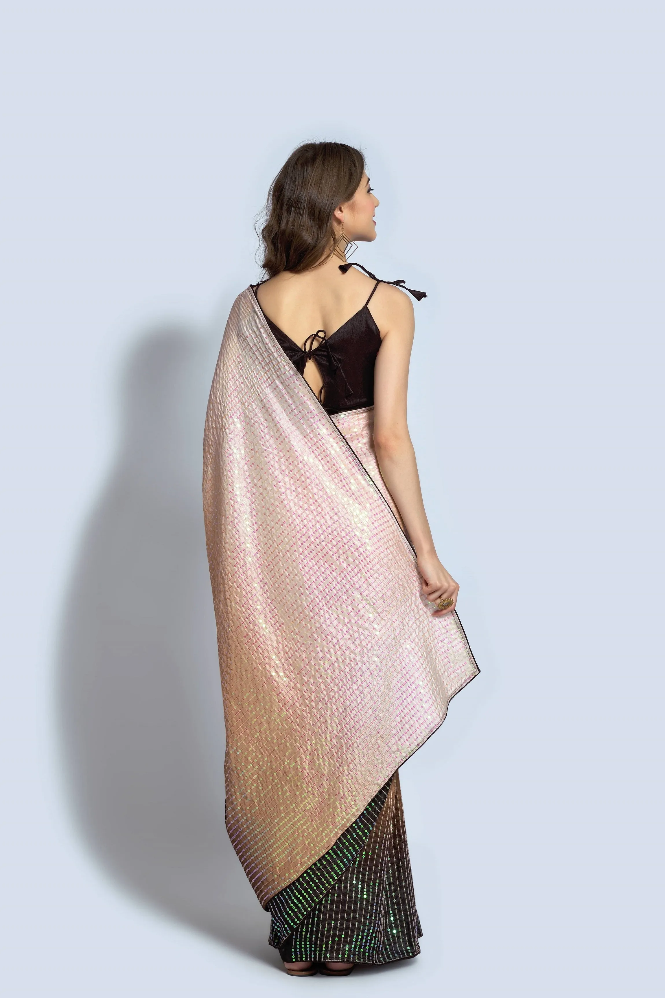 Women Party Wear Designer Brown & Off white Colour Vichitra Silk Fabric Sequence Embroidery Worked Saree Collection