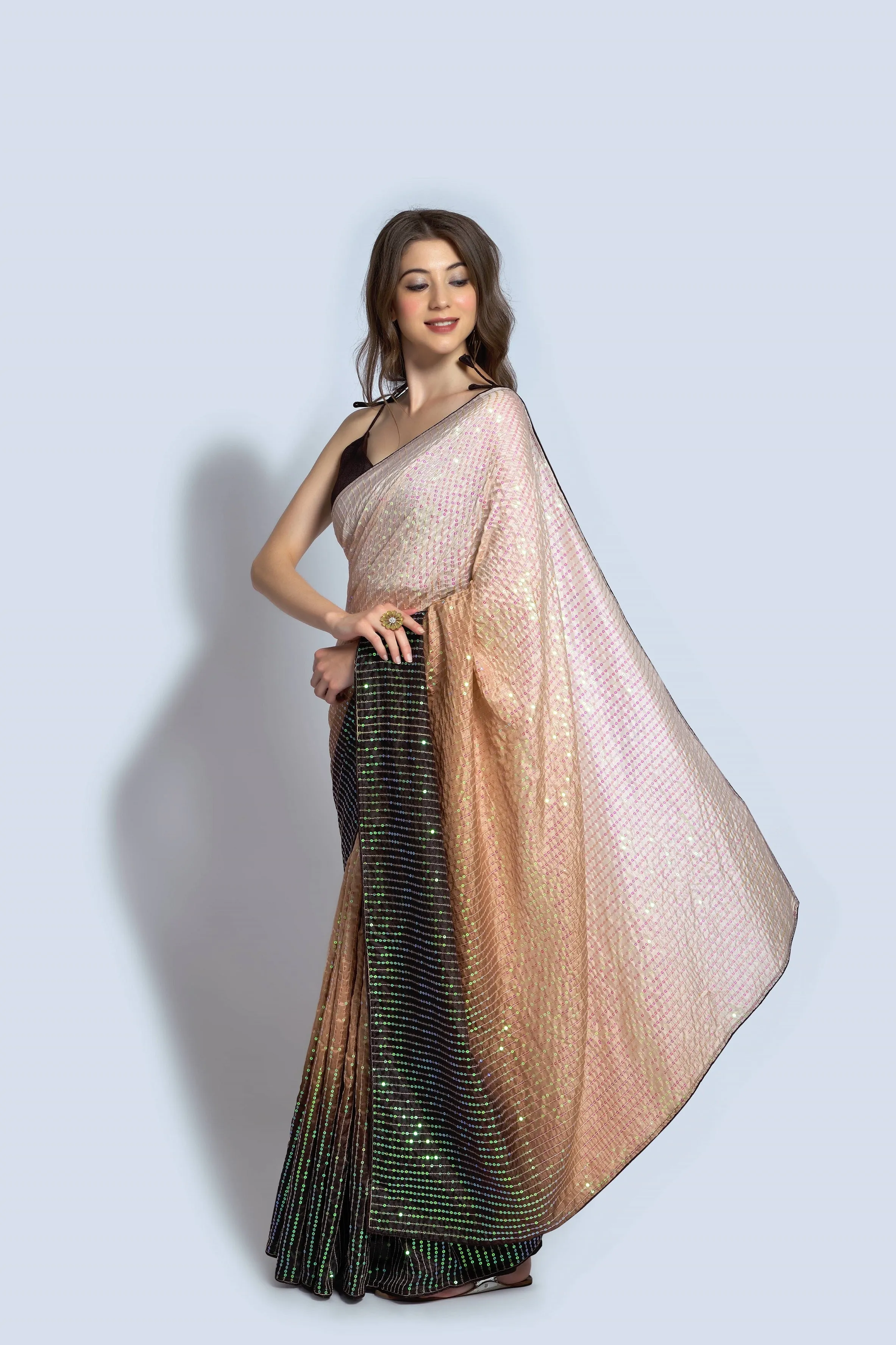 Women Party Wear Designer Brown & Off white Colour Vichitra Silk Fabric Sequence Embroidery Worked Saree Collection
