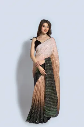 Women Party Wear Designer Brown & Off white Colour Vichitra Silk Fabric Sequence Embroidery Worked Saree Collection