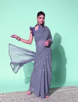 Women Party Wear Designer Grey Colour Soft Georgette Fabric Sequence Embroidery Worked Saree Collection