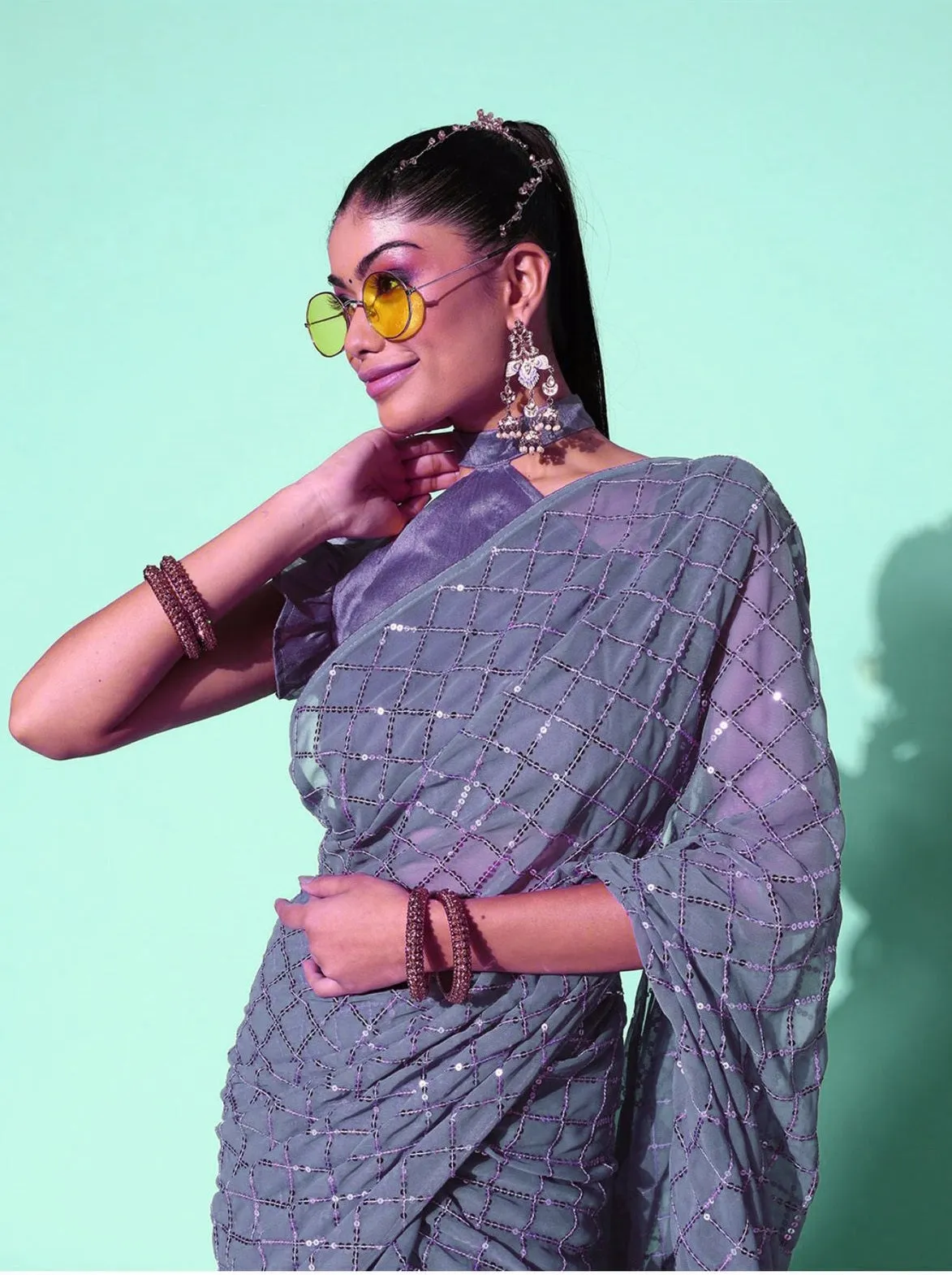 Women Party Wear Designer Grey Colour Soft Georgette Fabric Sequence Embroidery Worked Saree Collection