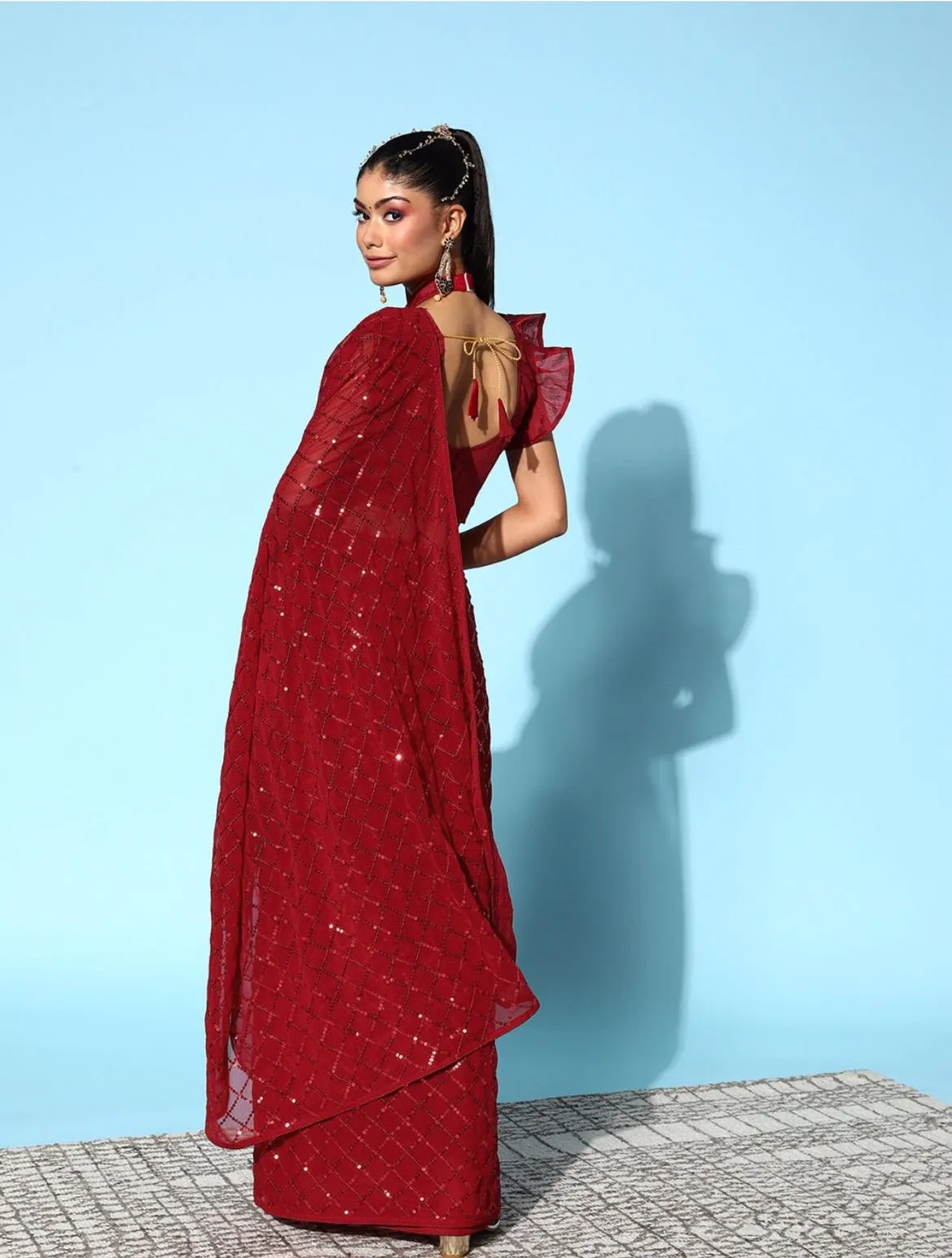 Women Party Wear Designer Red Colour Soft Georgette Fabric Sequence Embroidery Worked Saree Collection