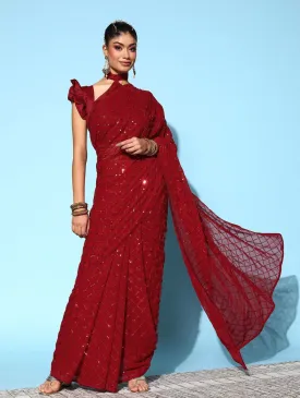 Women Party Wear Designer Red Colour Soft Georgette Fabric Sequence Embroidery Worked Saree Collection