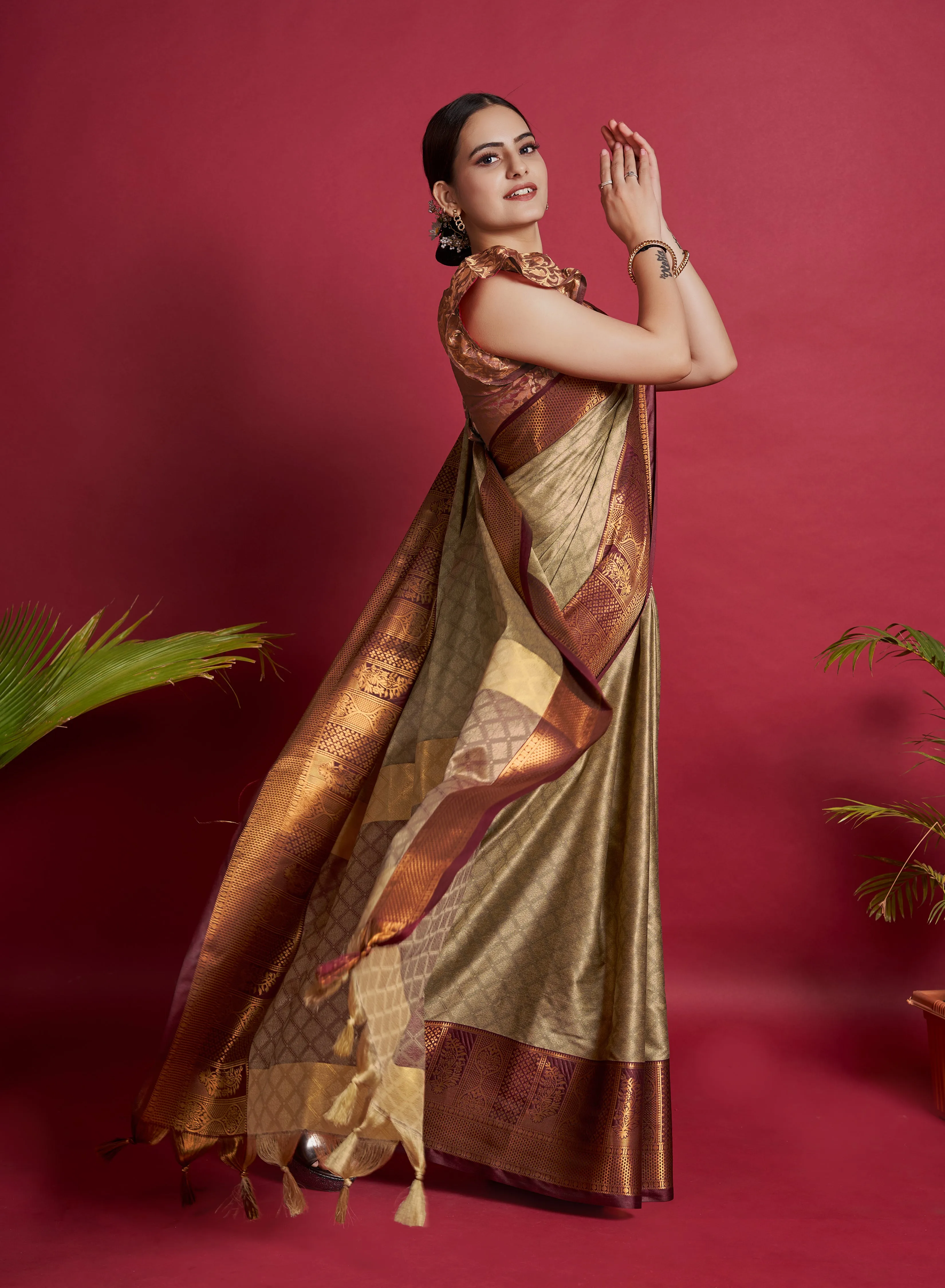 Women Party Wear Designer Soft Silk Light Brown colour Saree with Zari Border Work