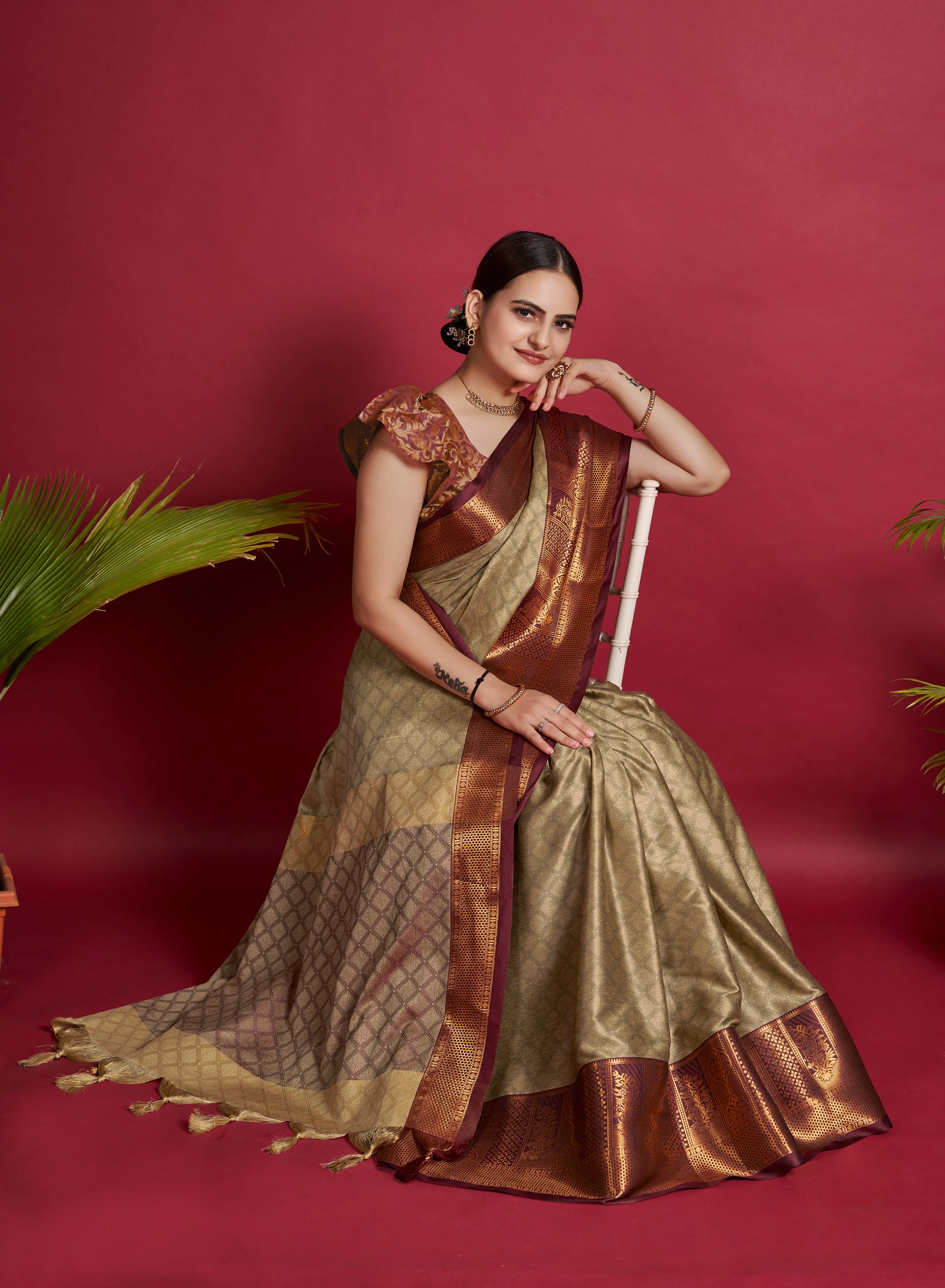 Women Party Wear Designer Soft Silk Light Brown colour Saree with Zari Border Work