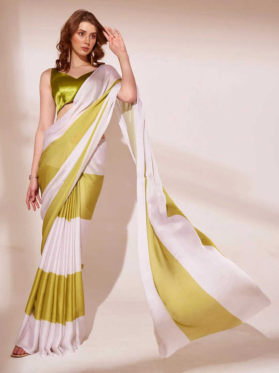 Women Party Wear Printed Ready To Wear Satin Georgette Saree With Un Stitched Blouse(Size Up To 42)