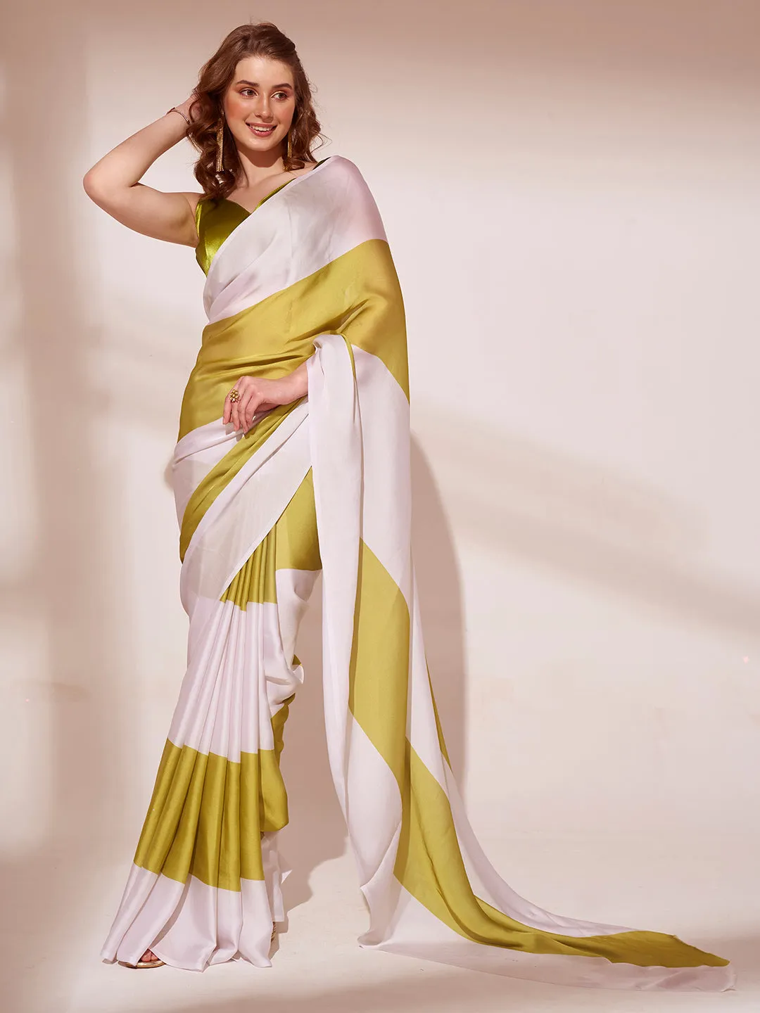 Women Party Wear Printed Ready To Wear Satin Georgette Saree With Un Stitched Blouse(Size Up To 42)