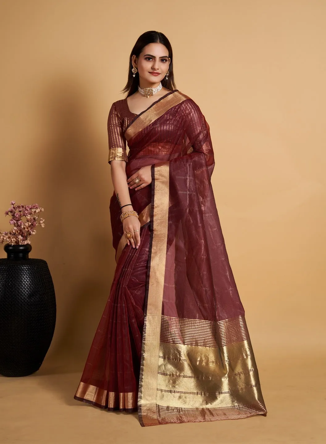 Women Party Wear Weaving Organza Silk Red colour Saree with Un-Stitched Blouse