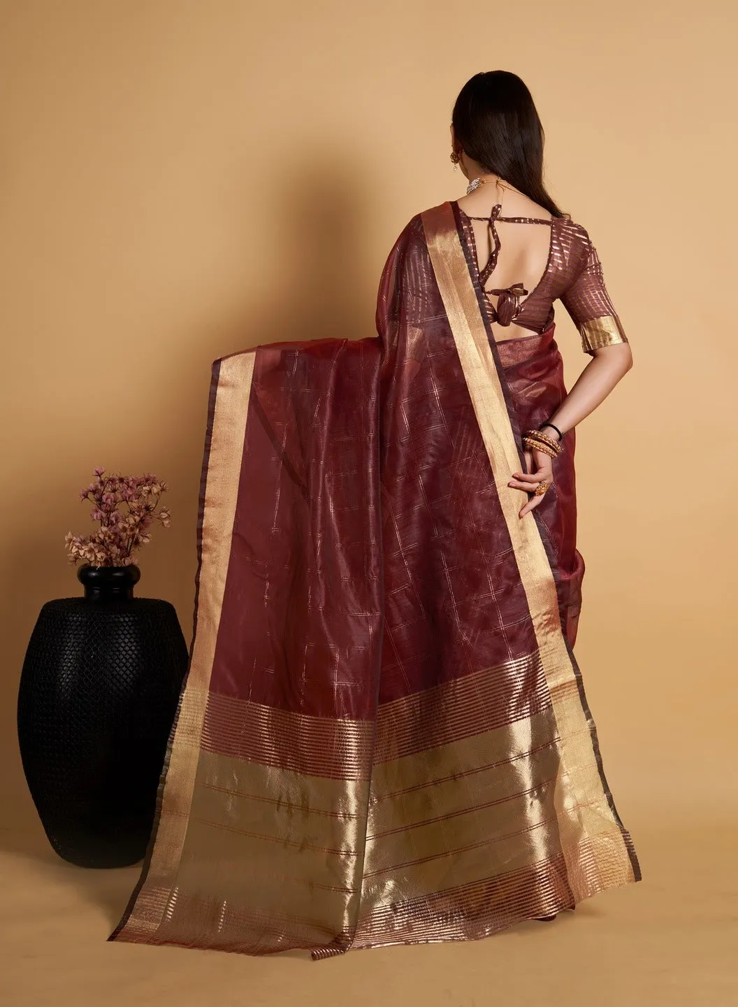 Women Party Wear Weaving Organza Silk Red colour Saree with Un-Stitched Blouse
