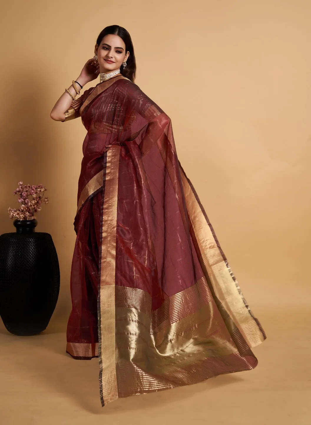 Women Party Wear Weaving Organza Silk Red colour Saree with Un-Stitched Blouse