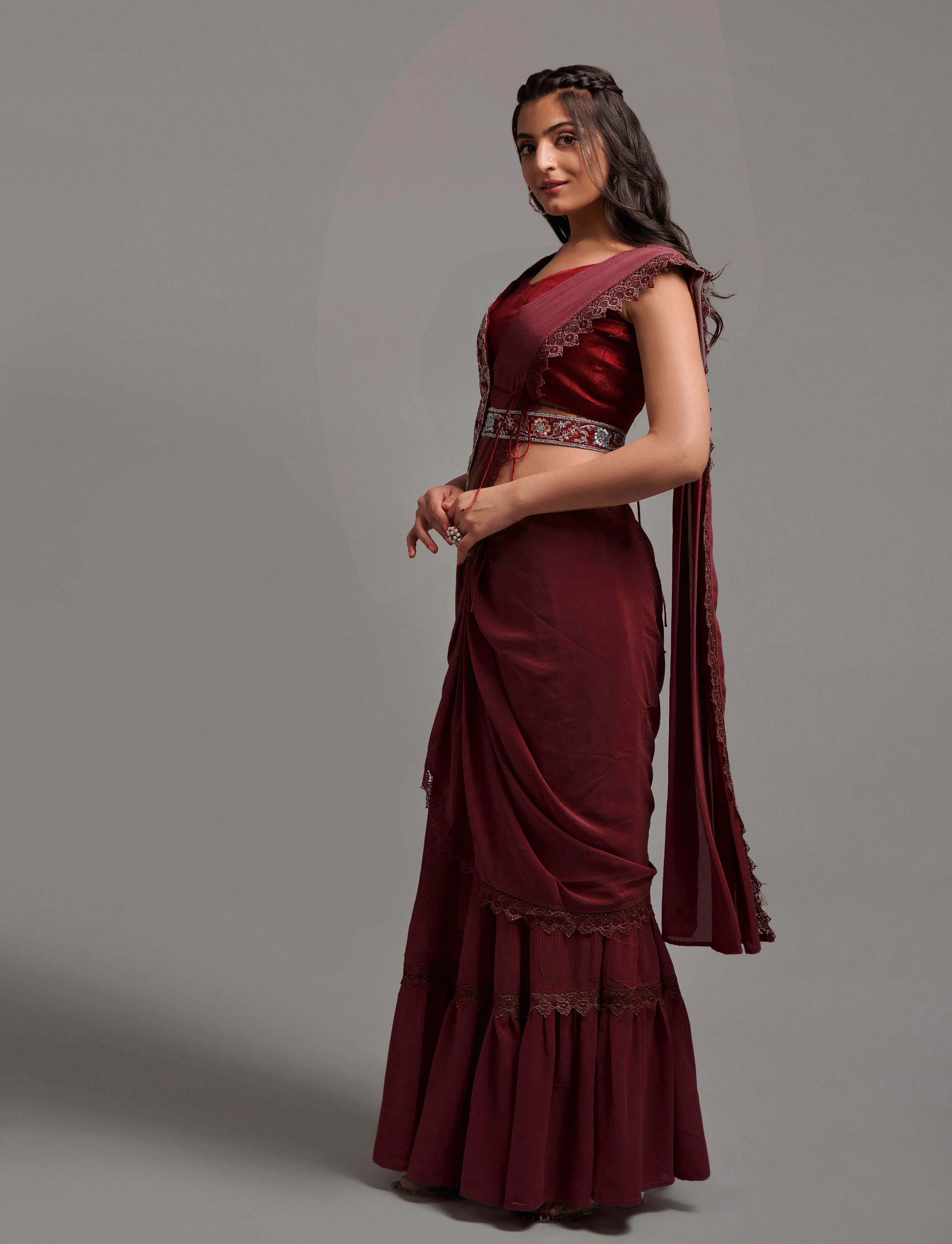 Women Wedding Wear Ready To Wear Goergette Saree With Stitched Blouse(Free Size-Up To 42)