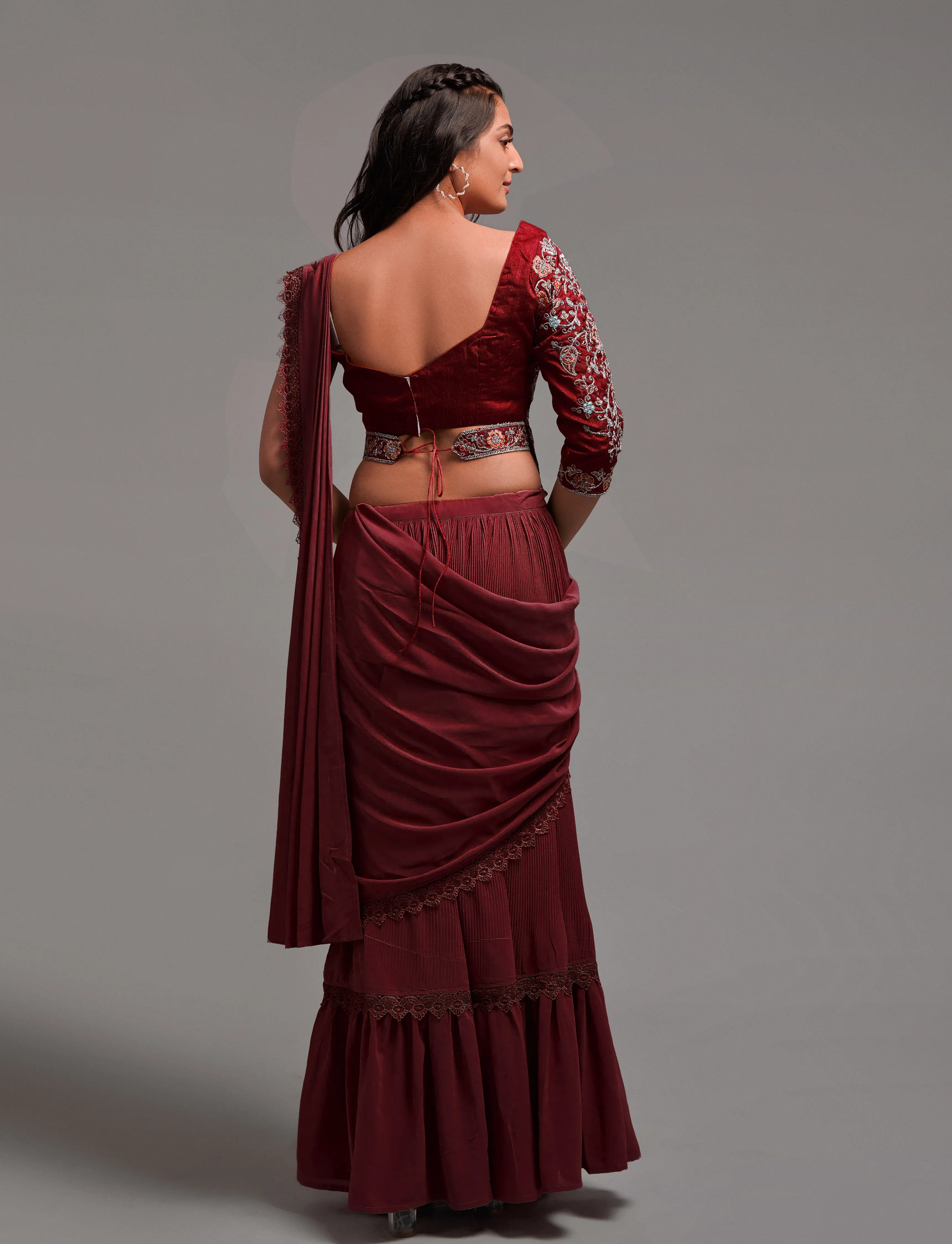 Women Wedding Wear Ready To Wear Goergette Saree With Stitched Blouse(Free Size-Up To 42)
