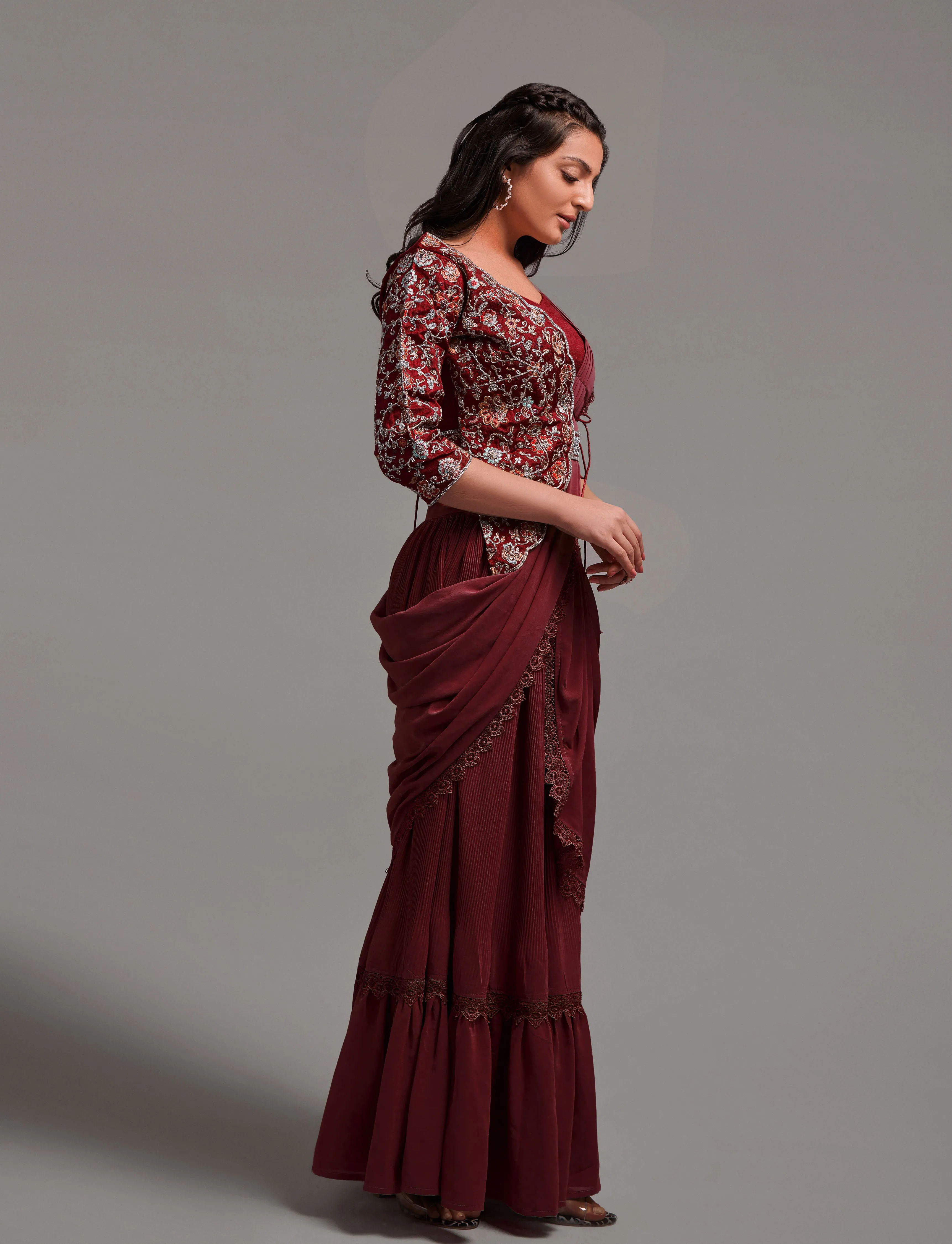 Women Wedding Wear Ready To Wear Goergette Saree With Stitched Blouse(Free Size-Up To 42)