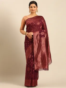 Women Wine Cotton Saree With Un Stitched Blouse