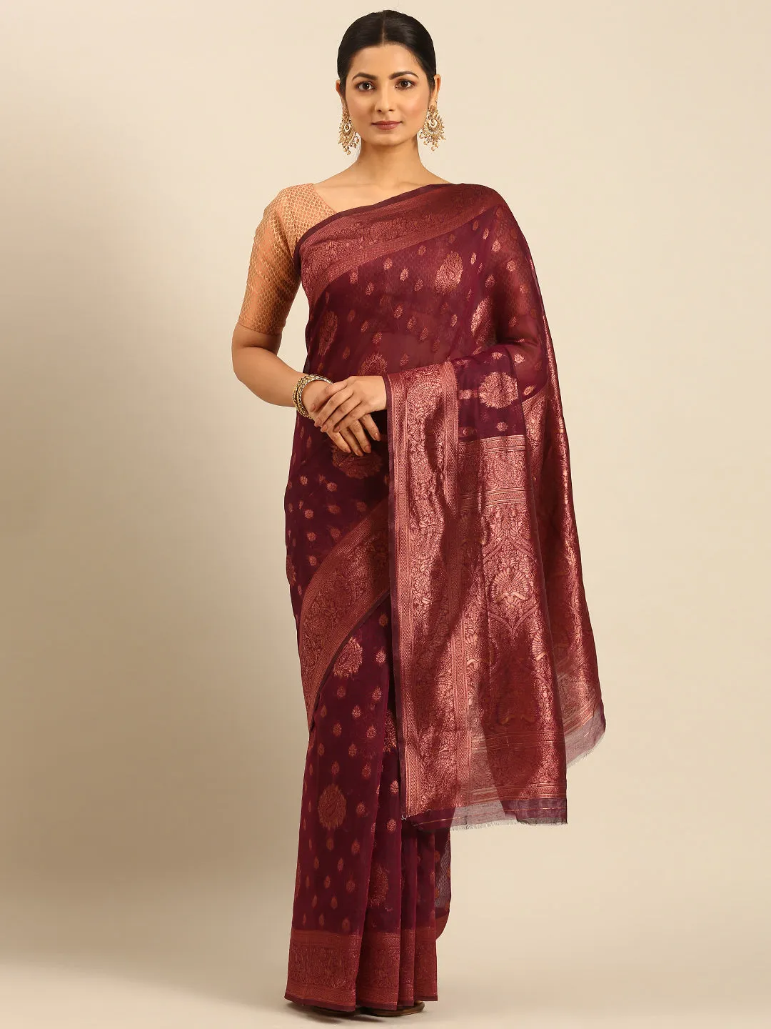 Women Wine Cotton Saree With Un Stitched Blouse