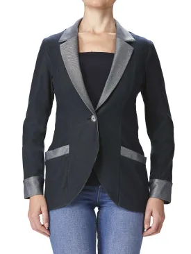 Women's Jacket Denim Blue Quality Stretch Knit fabric Amazing design And Flattering fit  Quality Stretch comfort Fabric Made In Canada Yvonne Marie Boutiques