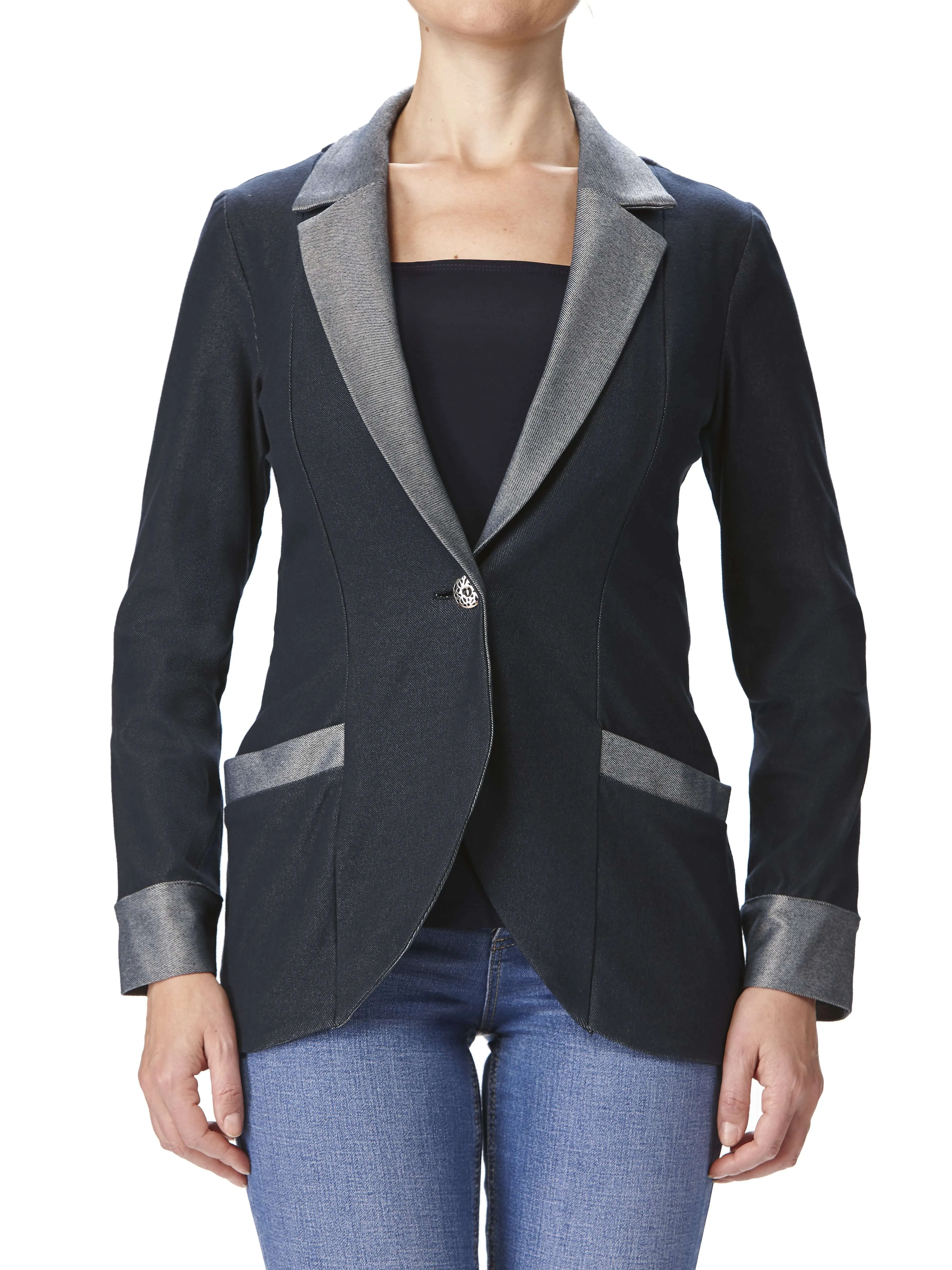 Women's Jacket Denim Blue Quality Stretch Knit fabric Amazing design And Flattering fit  Quality Stretch comfort Fabric Made In Canada Yvonne Marie Boutiques