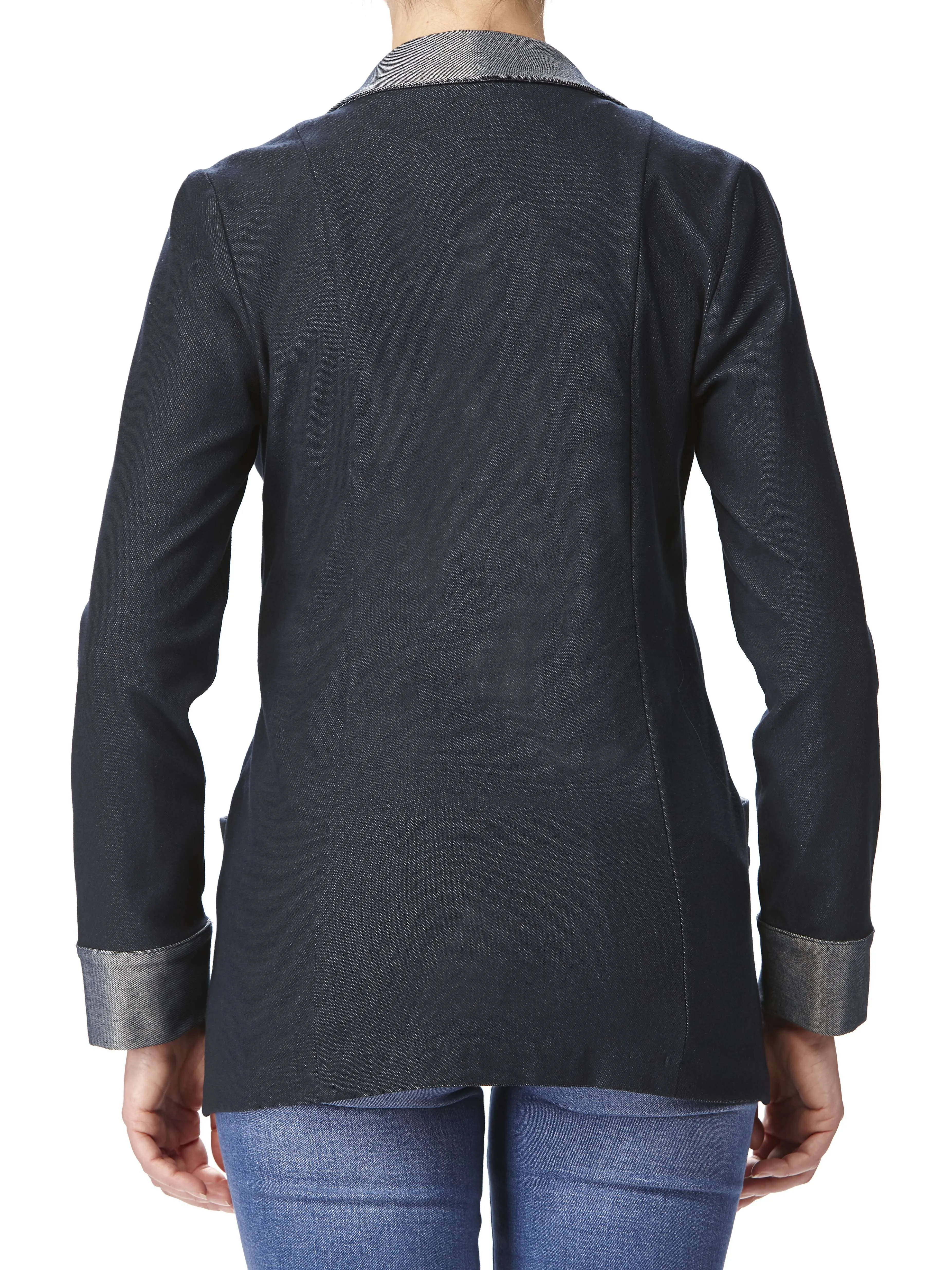 Women's Jacket Denim Blue Quality Stretch Knit fabric Amazing design And Flattering fit  Quality Stretch comfort Fabric Made In Canada Yvonne Marie Boutiques