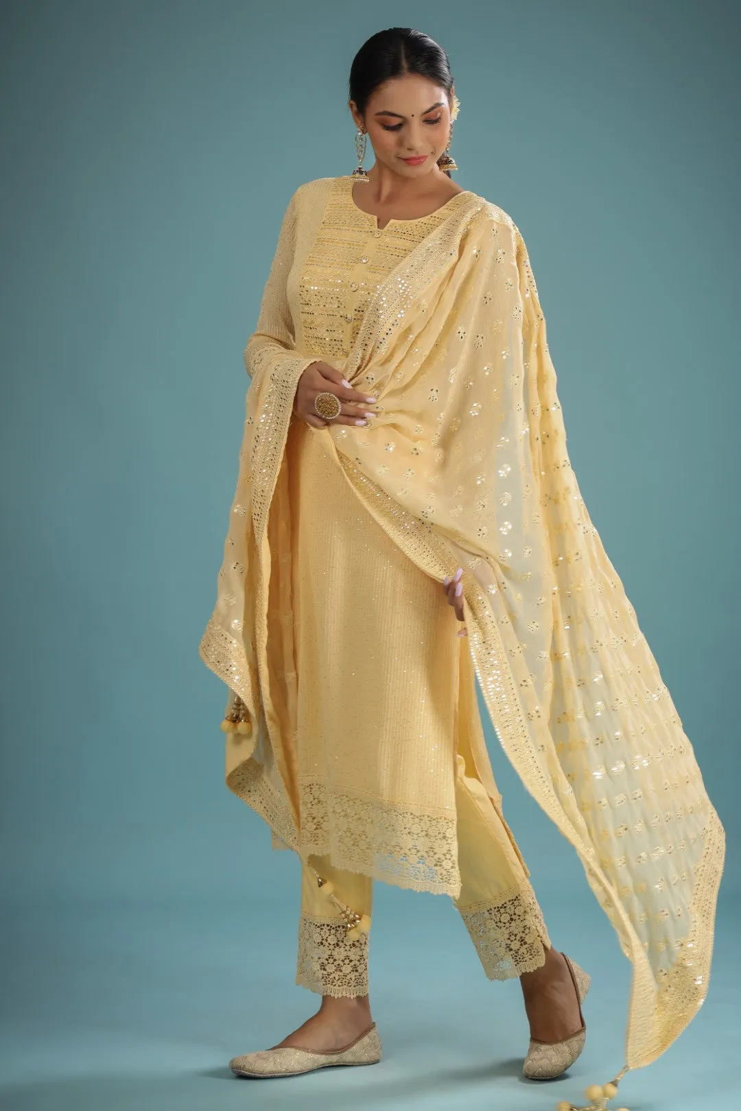 Yellow Georgette Resham Embroidered Suit Set