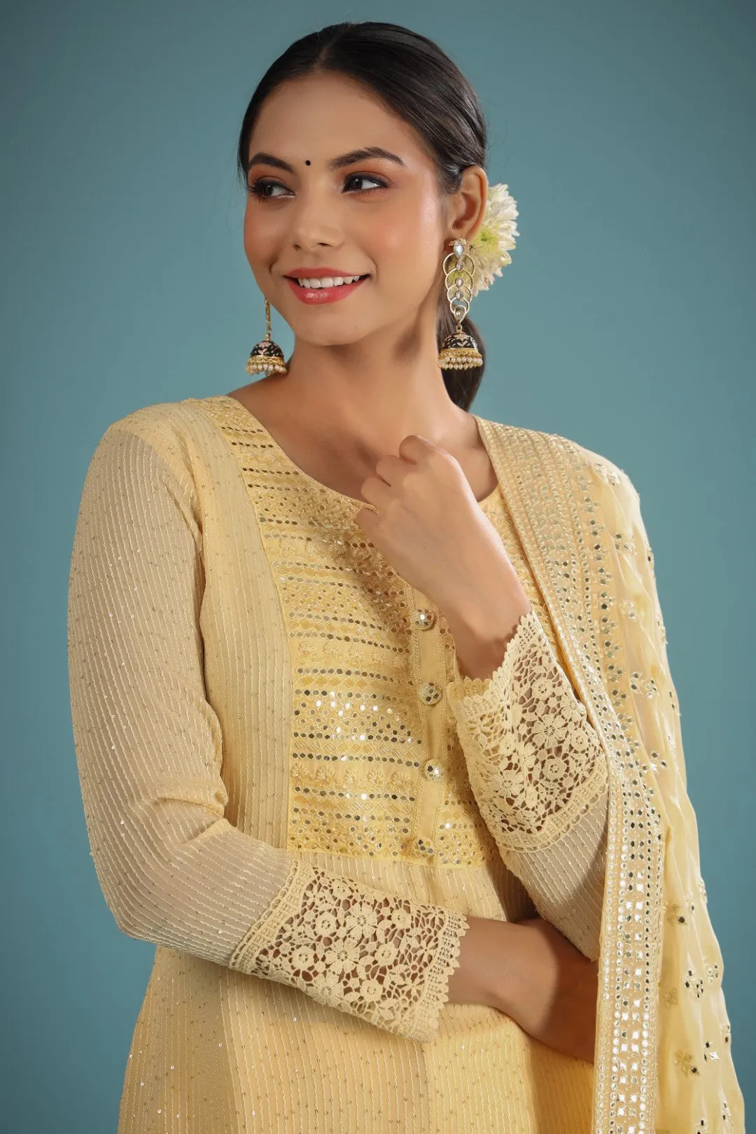 Yellow Georgette Resham Embroidered Suit Set